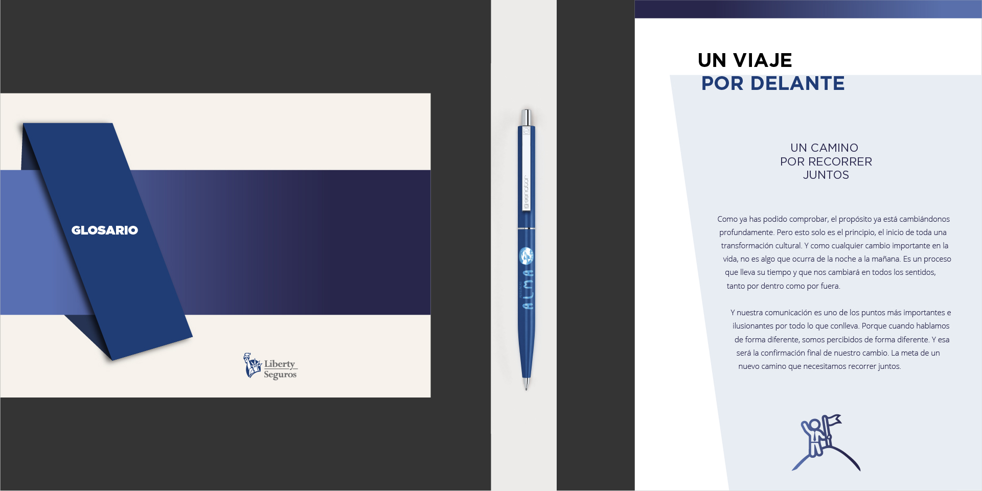 Portada interior de un glosario, página de introduccion de la maqueta de una guía interna y bolígrafo de las imaginarias aerolíneas ALMA